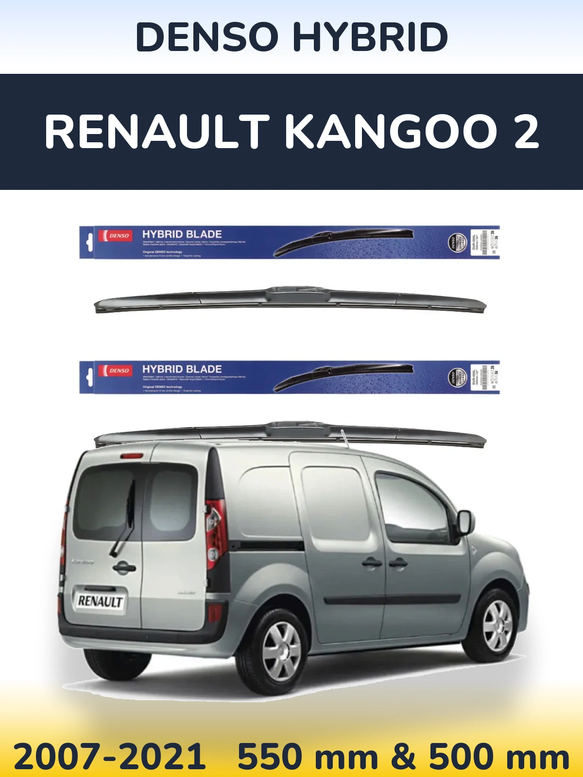 Front wiper blade set Denso Hybrid 550 & 500 mm for Renault Kangoo 2 2007-2021
