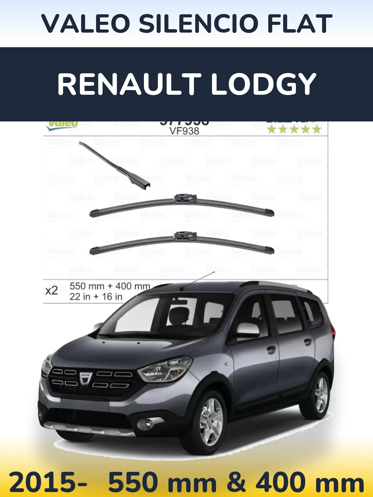 Komplet przednich wycieraczek Valeo Silencio Flat 550 & 400 mm do Renault Lodgy 2015-2026