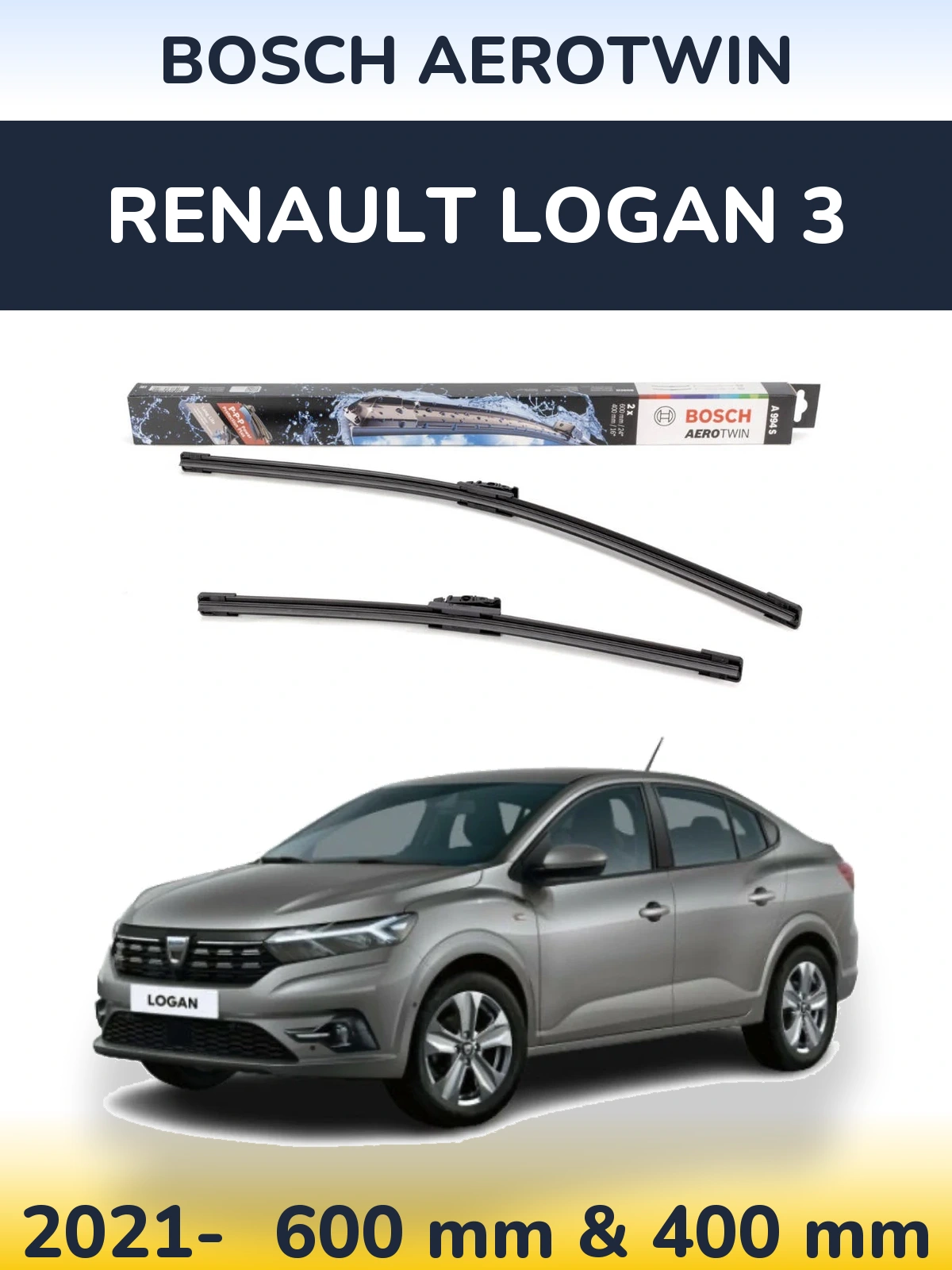 Комплект передніх щіток BOSCH AeroTwin 600 & 400 мм для Renault Logan 3 2021-2026