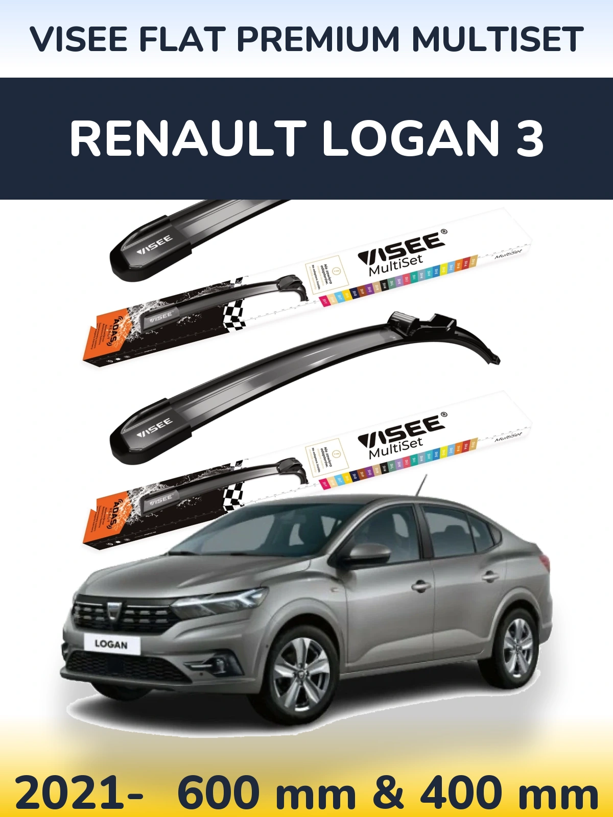 Комплект передніх щіток VISEE FLAT PREMIUM MultiSet 600 & 400 мм для Renault Logan 3 2021-2026