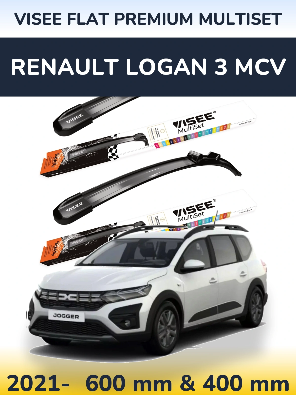 Комплект передніх щіток VISEE FLAT PREMIUM MultiSet 600 & 400 мм для Renault Logan 3 MCV 2021-2026
