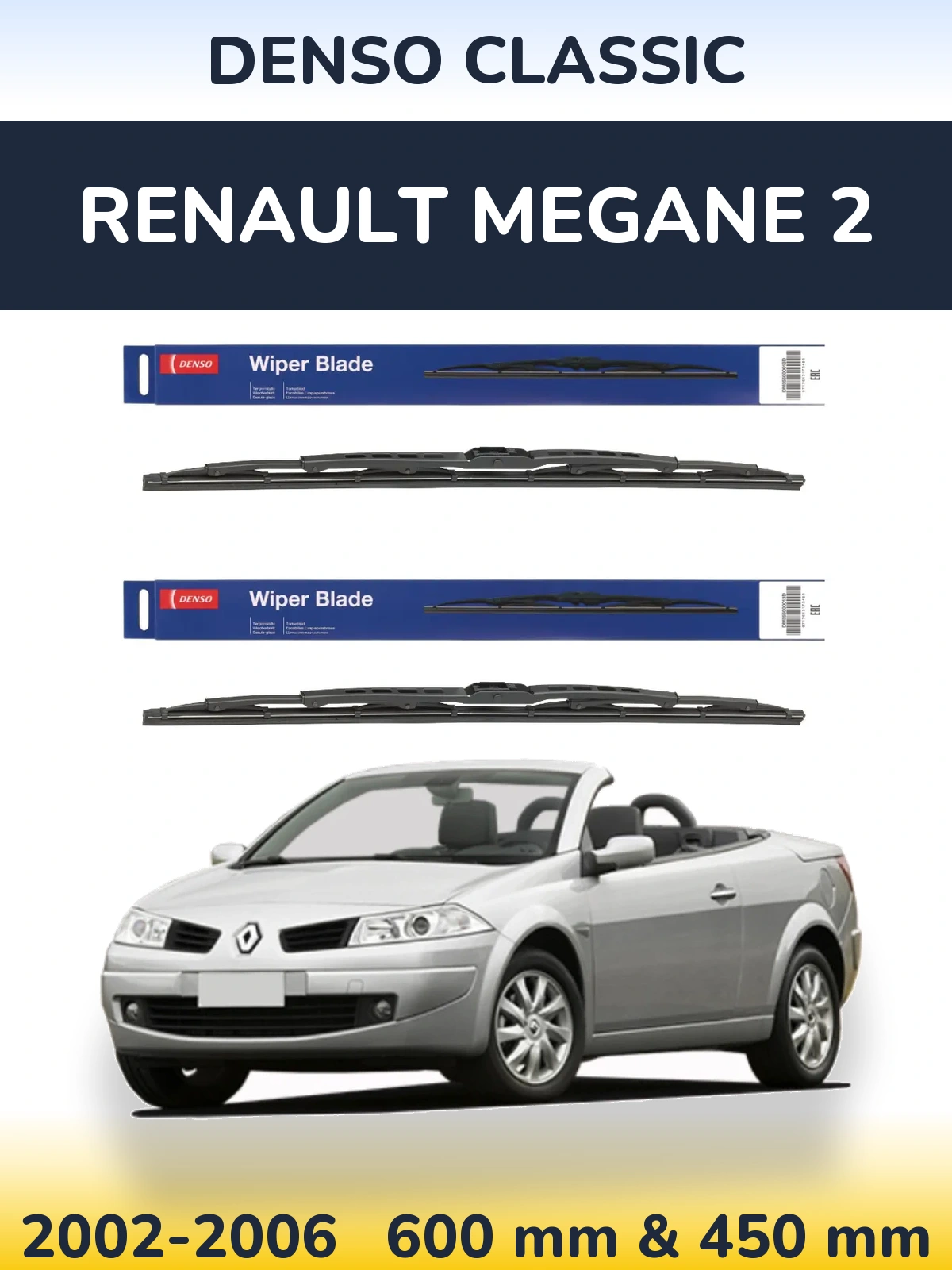 Front wiper blade set Denso Classic 600 & 450 mm for Renault Megane 2 2002-2006