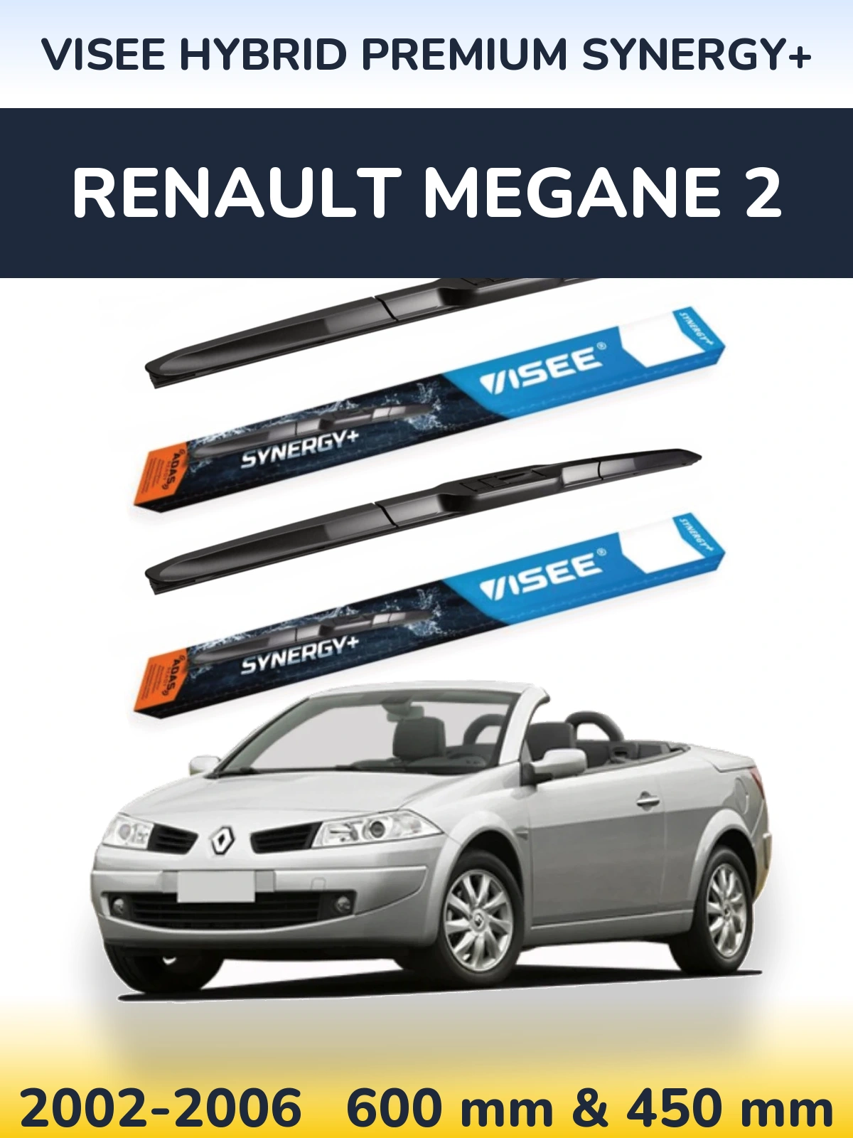 Front wiper blade set VISEE HYBRID PREMIUM SYNERGY+ 600 & 450 mm for Renault Megane 2 2002-2006