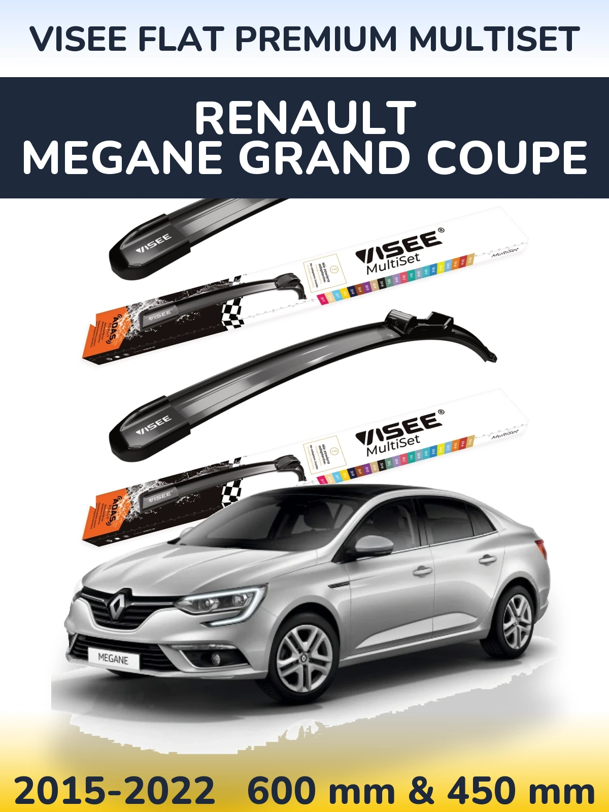 Комплект передних дворников VISEE FLAT PREMIUM MultiSet 600 & 450 мм для Renault Megane Grand Coupe 2015-2022