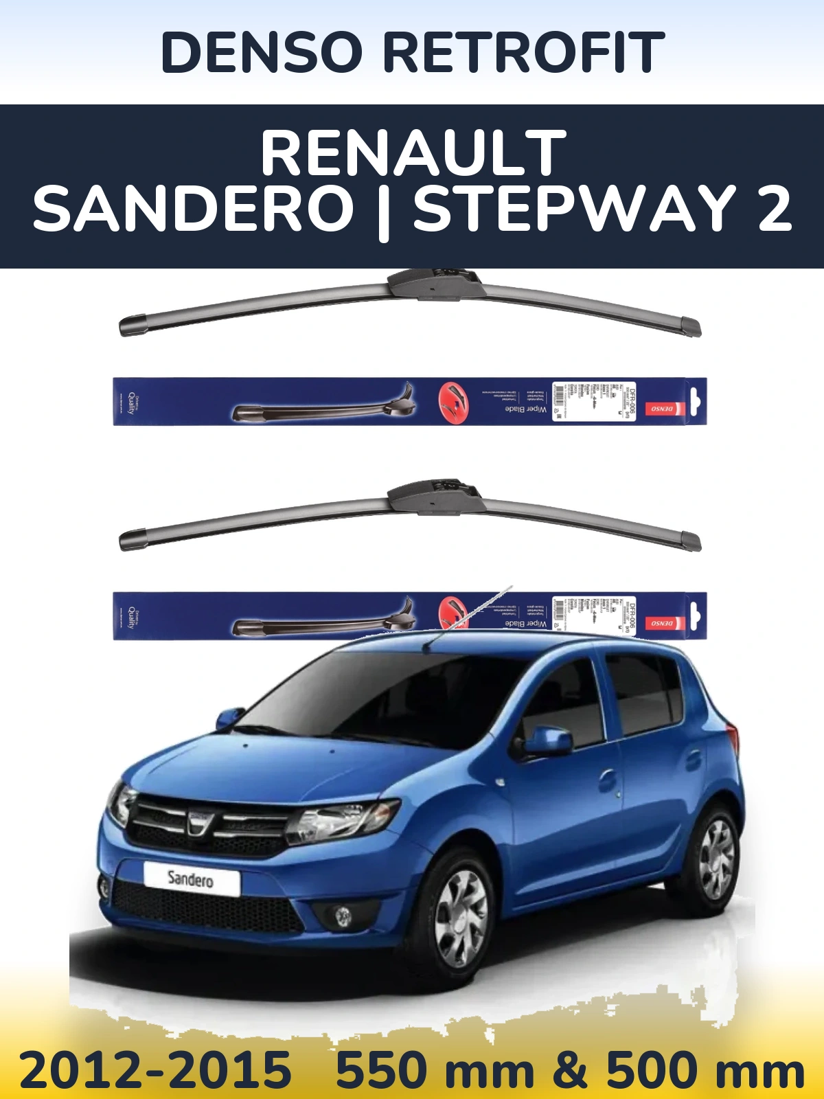 Front wiper blade set Denso Retrofit 550 & 500 mm for Renault Sandero | Stepway 2 2012-2015