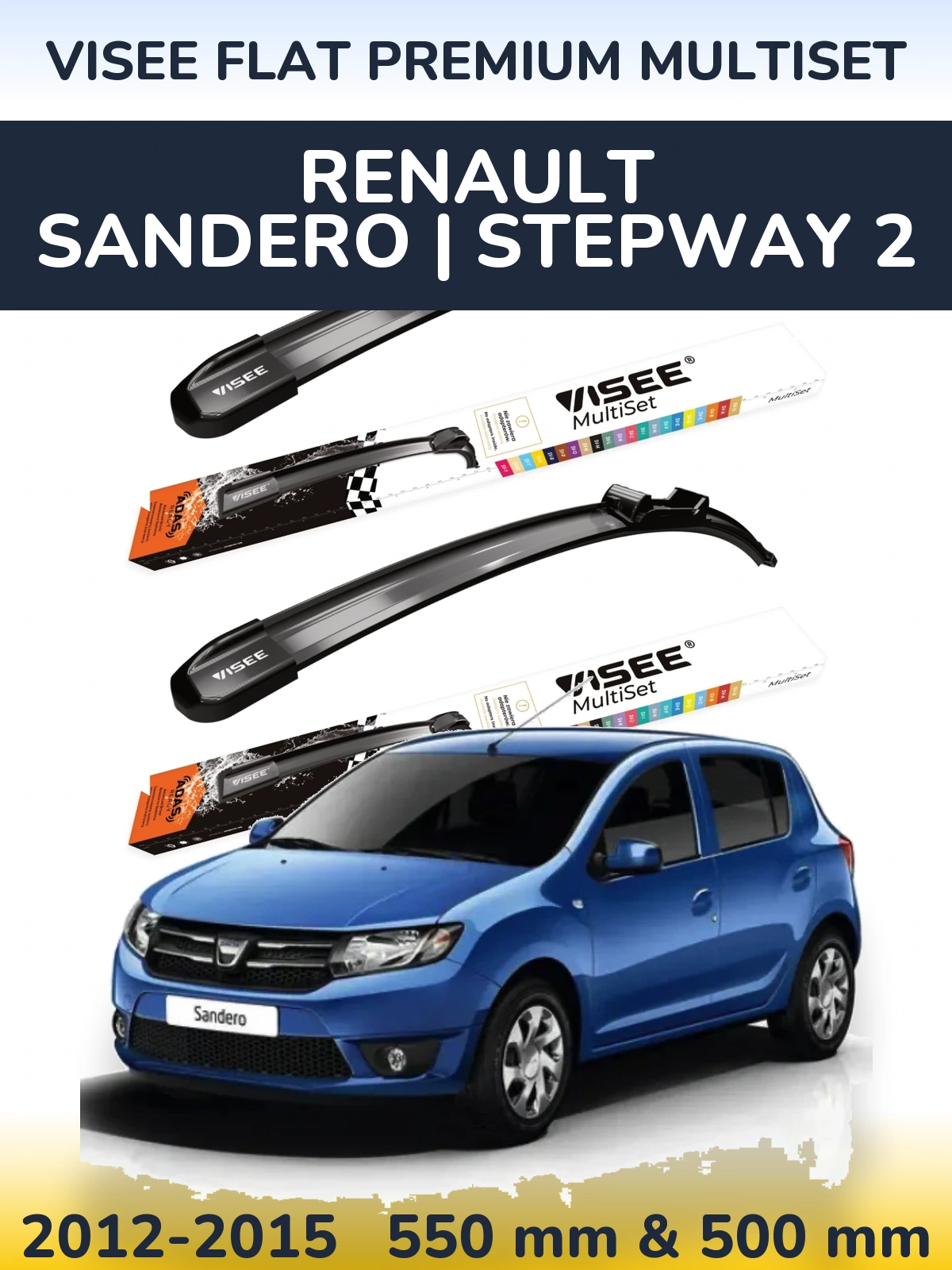 Front wiper blade set VISEE FLAT PREMIUM MultiSet 550 & 500 mm for Renault Sandero | Stepway 2 2012-2015