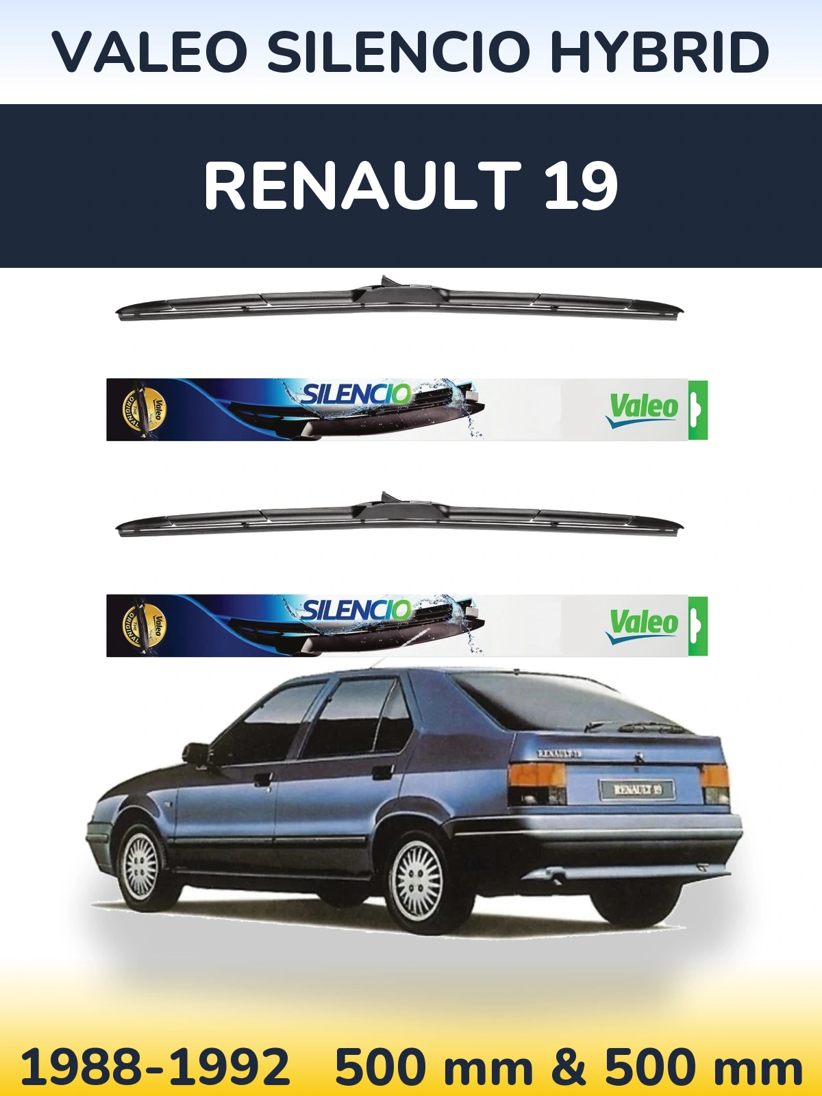 Front wiper blade set Valeo Silencio Hybrid 500 & 500 mm for Renault 19 1988-1992