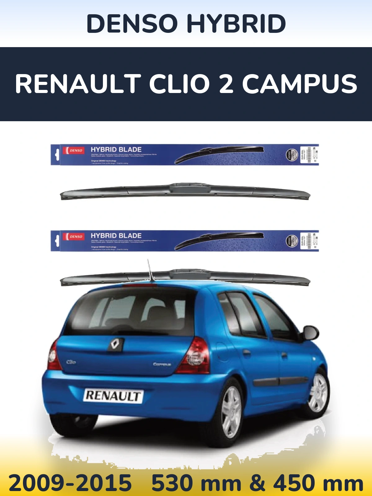 Комплект передних дворников Denso Hybrid 530 & 450 мм для Renault Clio 2 Campus 2009-2015