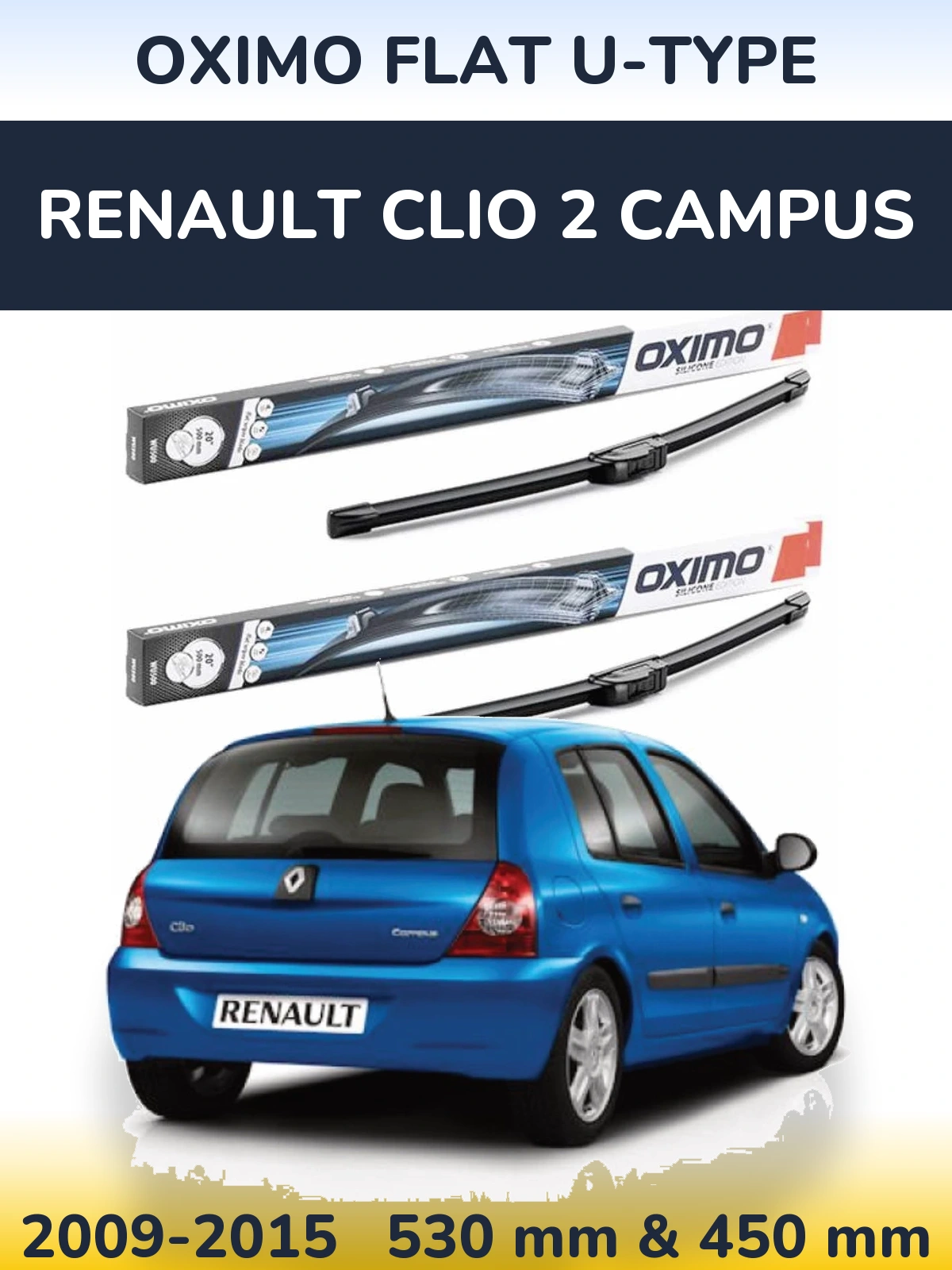 Комплект передних дворников Oximo Flat U-type 530 & 450 мм для Renault Clio 2 Campus 2009-2015