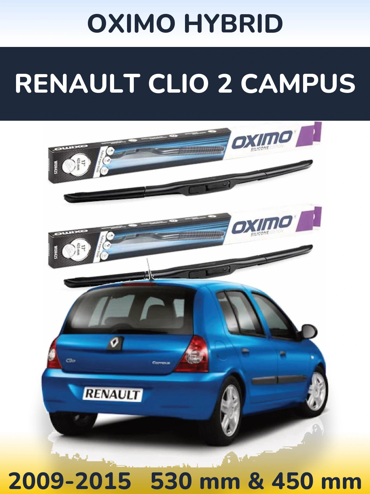 Комплект передних дворников Oximo Hybrid 530 & 450 мм для Renault Clio 2 Campus 2009-2015