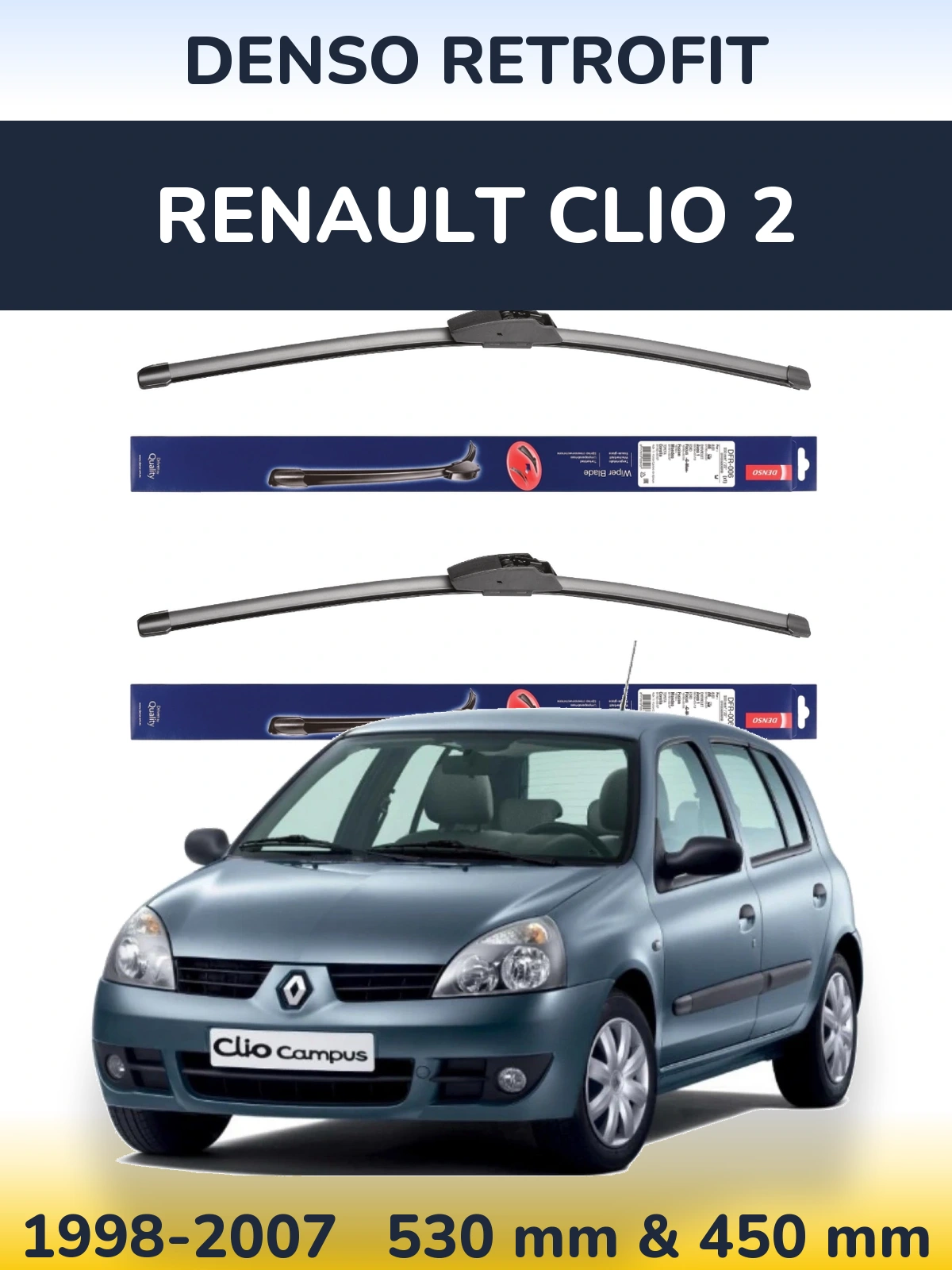 Komplet przednich wycieraczek Denso Retrofit 530 & 450 mm do Renault Clio 2 1998-2007
