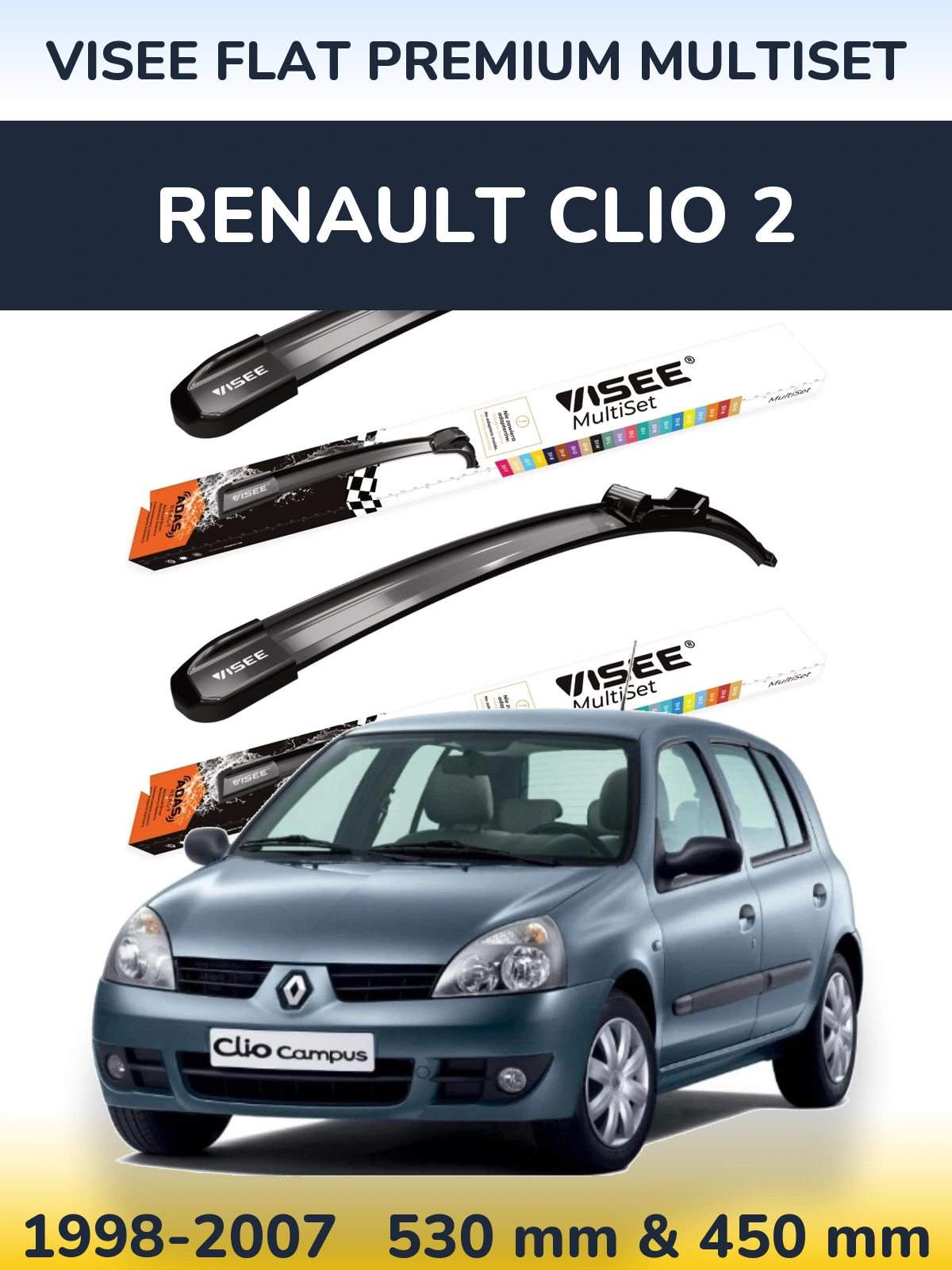 Komplet przednich wycieraczek VISEE FLAT PREMIUM MultiSet 530 & 450 mm do Renault Clio 2 1998-2007