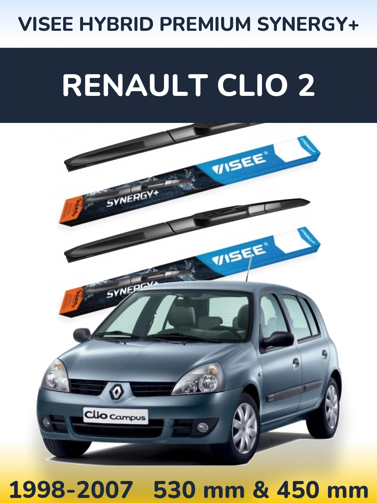 Komplet przednich wycieraczek VISEE HYBRID PREMIUM SYNERGY+ 530 & 450 mm do Renault Clio 2 1998-2007