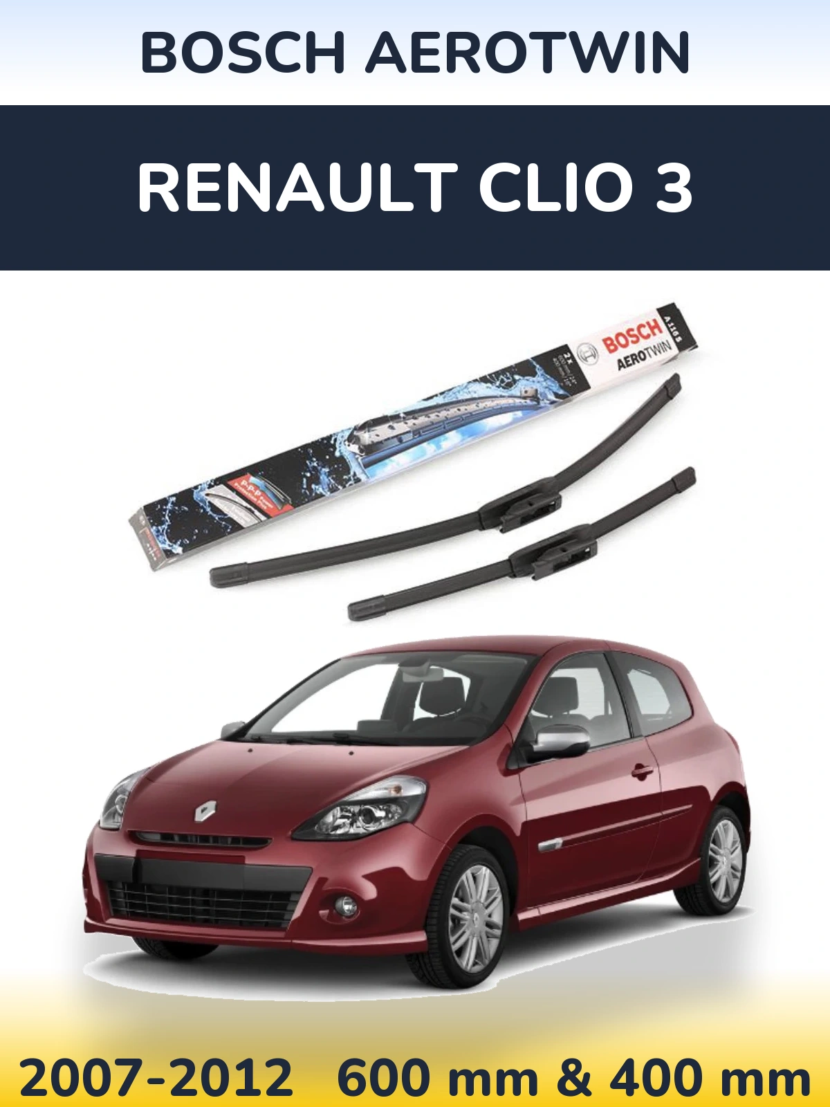Комплект передних дворников BOSCH AeroTwin 600 & 400 мм для Renault Clio 3 2007-2012
