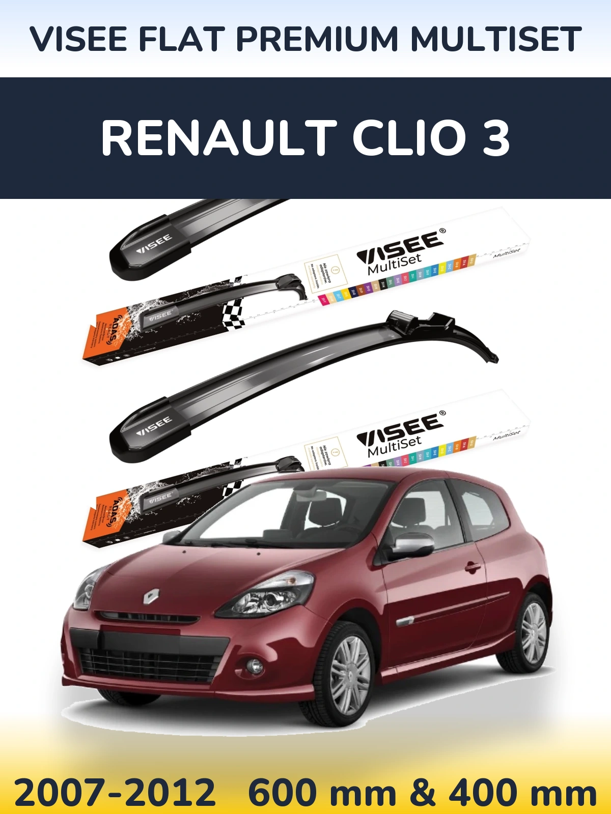Комплект передніх щіток VISEE FLAT PREMIUM MultiSet 600 & 400 мм для Renault Clio 3 2007-2012