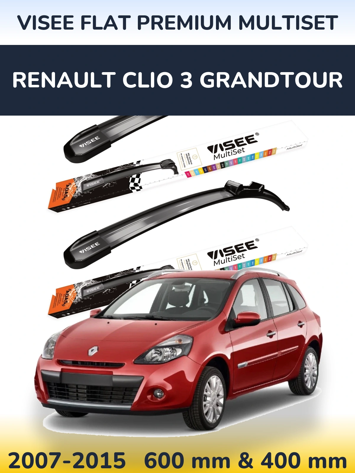 Комплект передних дворников VISEE FLAT PREMIUM MultiSet 600 & 400 мм для Renault Clio 3 Grandtour 2007-2015