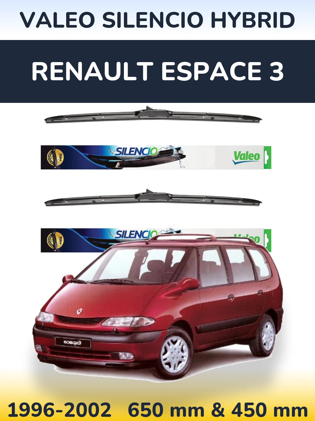 Front wiper blade set Valeo Silencio Hybrid 650 & 450 mm for Renault Espace 3 1996-2002