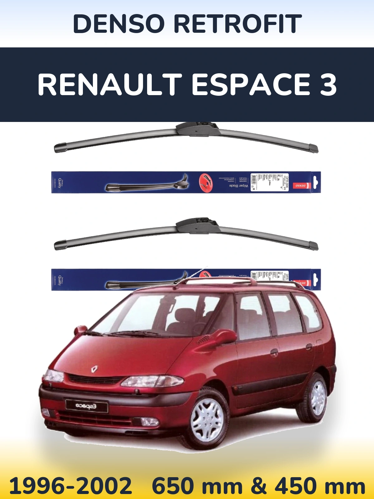 Front wiper blade set Denso Retrofit 650 & 450 mm for Renault Espace 3 1996-2002