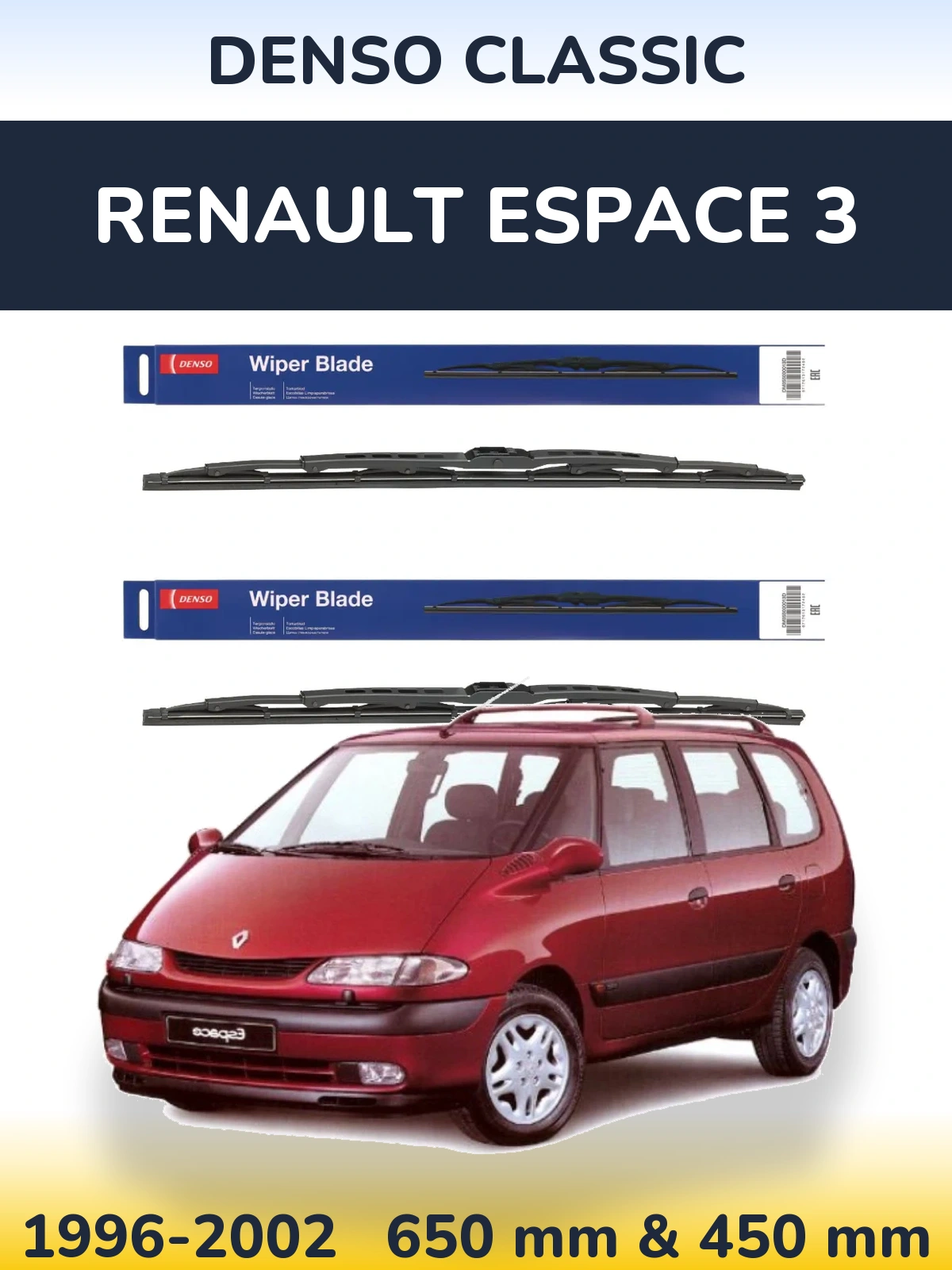 Front wiper blade set Denso Classic 650 & 450 mm for Renault Espace 3 1996-2002