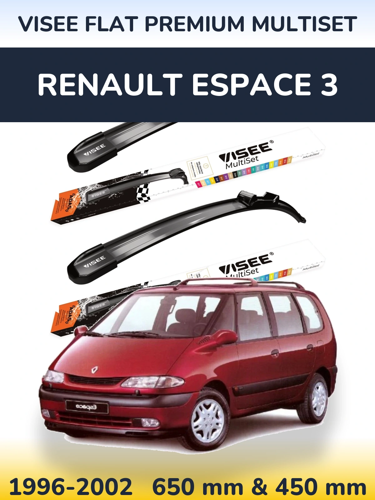 Front wiper blade set VISEE FLAT PREMIUM MultiSet 650 & 450 mm for Renault Espace 3 1996-2002