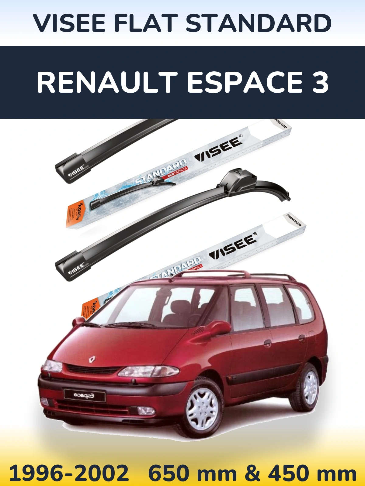 Front wiper blade set VISEE FLAT STANDARD 650 & 450 mm for Renault Espace 3 1996-2002