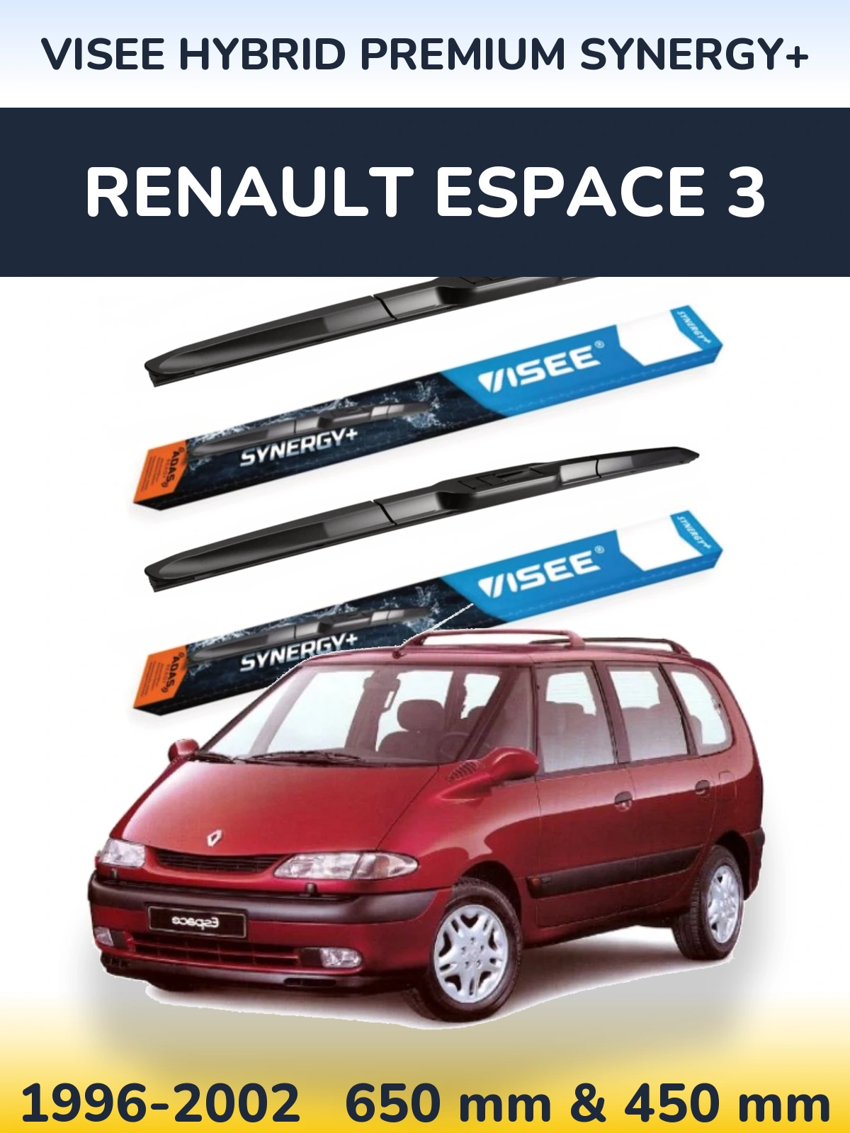Front wiper blade set VISEE HYBRID PREMIUM SYNERGY+ 650 & 450 mm for Renault Espace 3 1996-2002