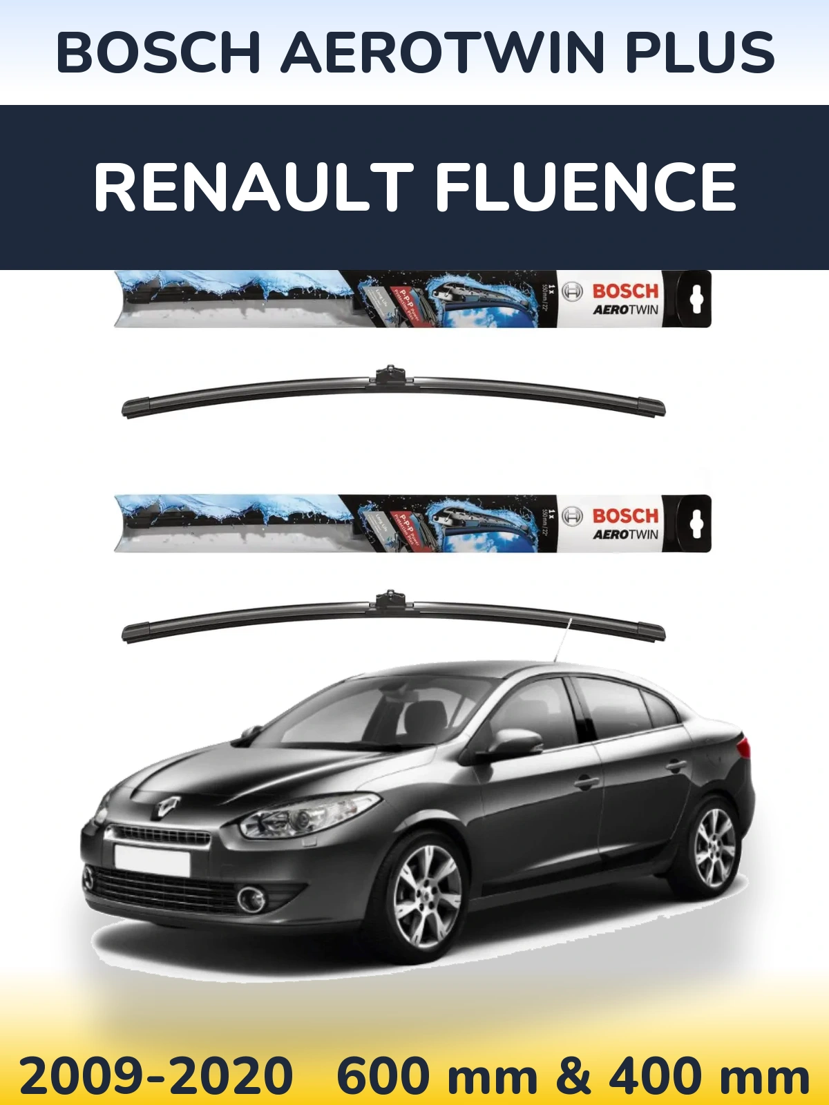 Front wiper blade set BOSCH AeroTwin Plus 600 & 400 mm for Renault Fluence 2009-2020