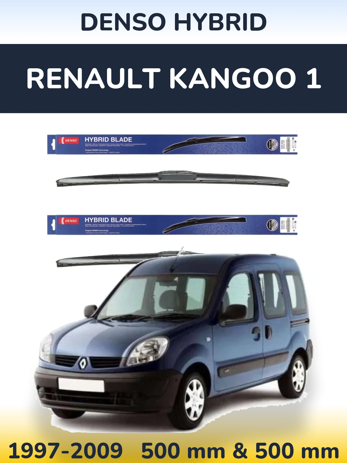 Front wiper blade set Denso Hybrid 500 & 500 mm for Renault Kangoo 1 1997-2009