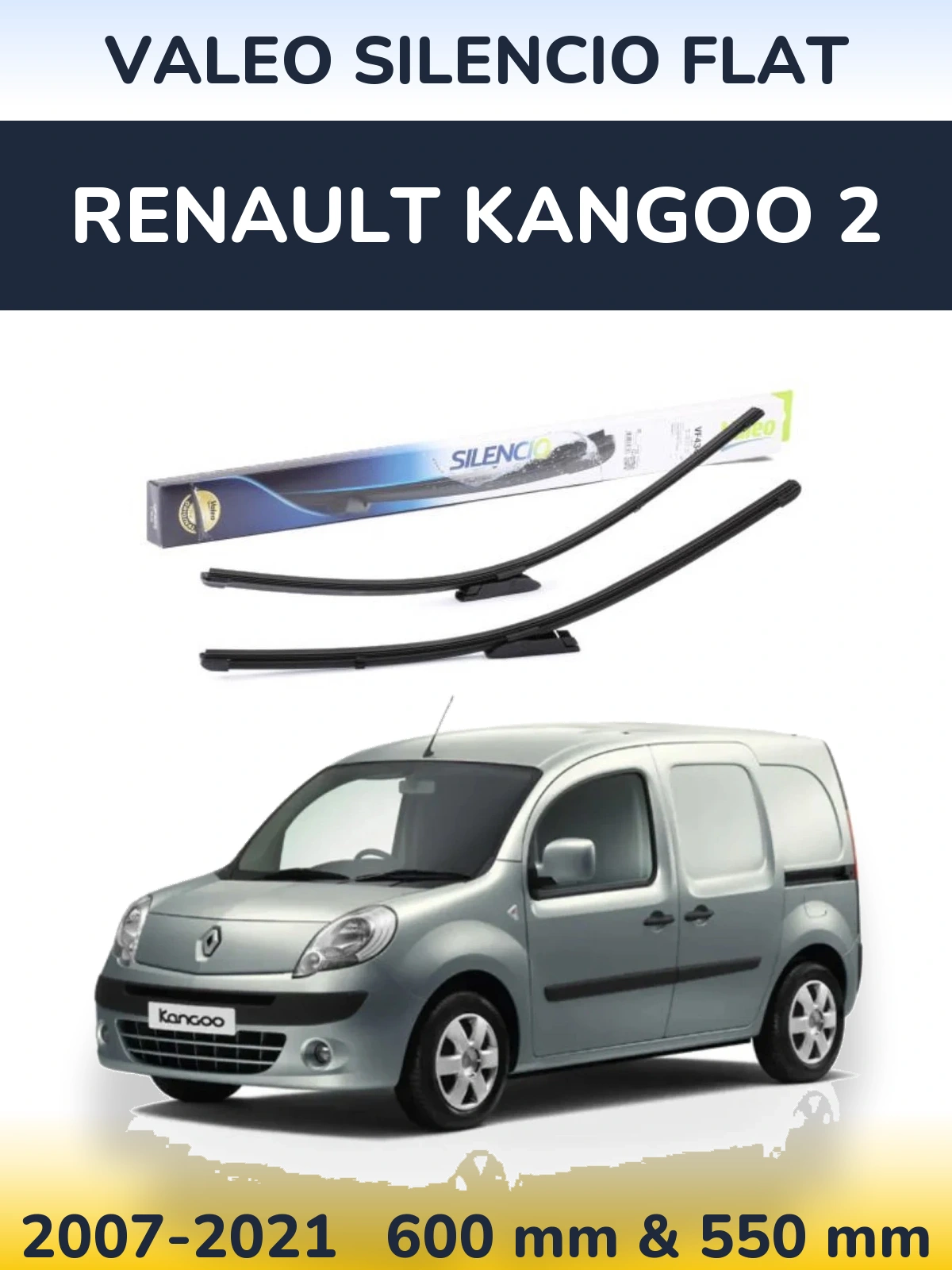Front wiper blade set Valeo Silencio Flat 580 & 530 mm for Renault Kangoo 2 2007-2021