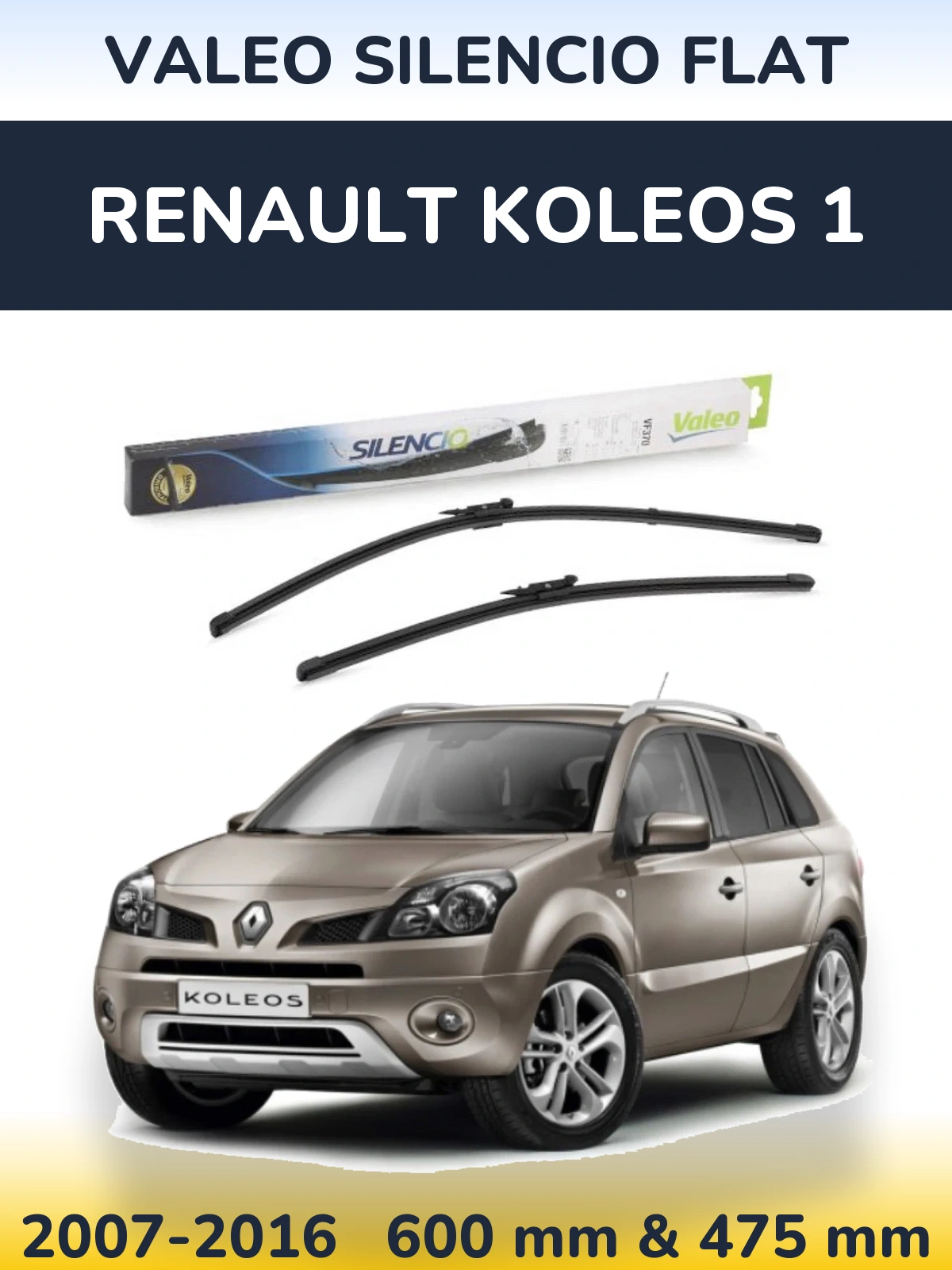 Front wiper blade set Valeo Silencio Flat 600 & 475 mm for Renault Koleos 1 2007-2016