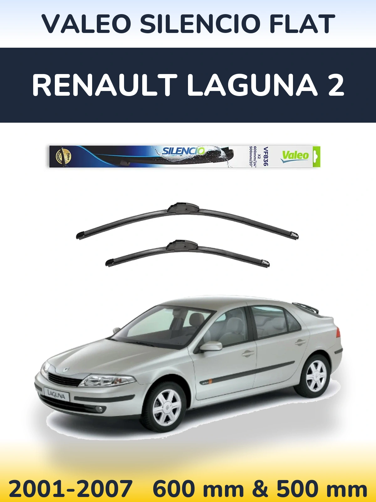 Front wiper blade set Valeo Silencio Flat 600 & 500 mm for Renault Laguna 2 2001-2007
