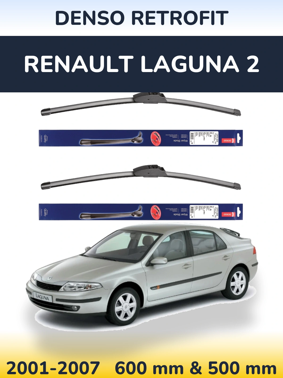 Front wiper blade set Denso Retrofit 600 & 500 mm for Renault Laguna 2 2001-2007