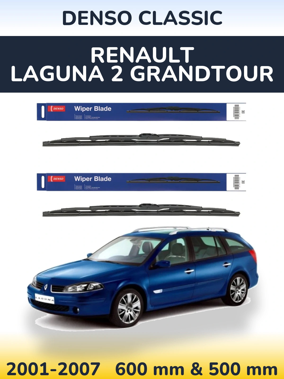 Front wiper blade set Denso Classic 600 & 500 mm for Renault Laguna 2 Grandtour 2001-2007