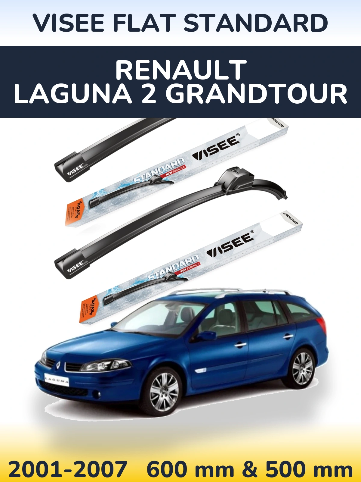 Komplet przednich wycieraczek VISEE FLAT STANDARD 600 & 500 mm do Renault Laguna 2 Grandtour 2001-2007