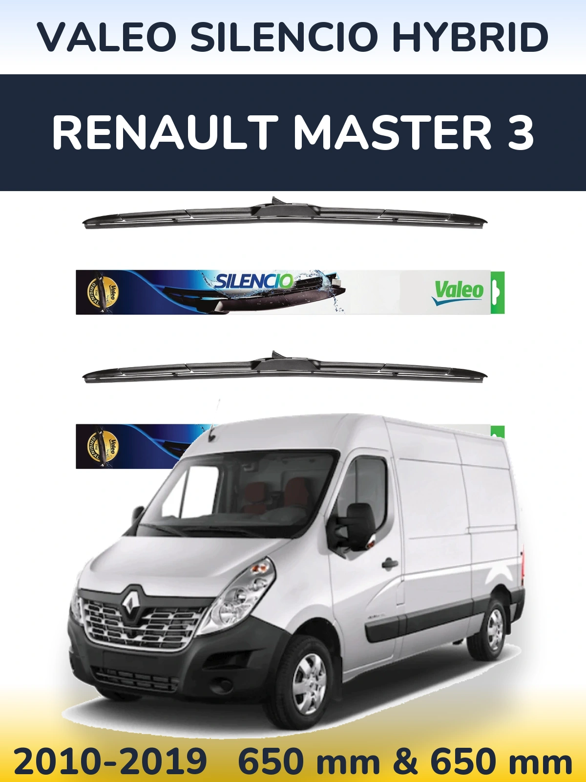 Front wiper blade set Valeo Silencio Hybrid 650 & 650 mm for Renault Master 3 2010-2019