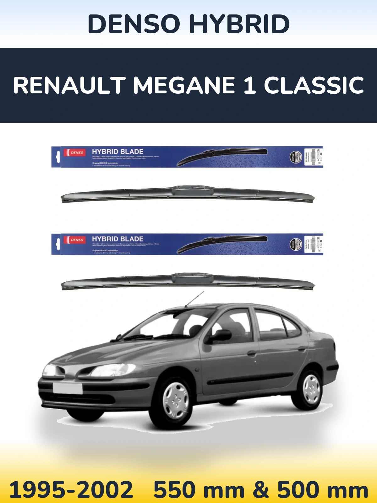 Front wiper blade set Denso Hybrid 550 & 500 mm for Renault Megane 1 Classic 1995-2002