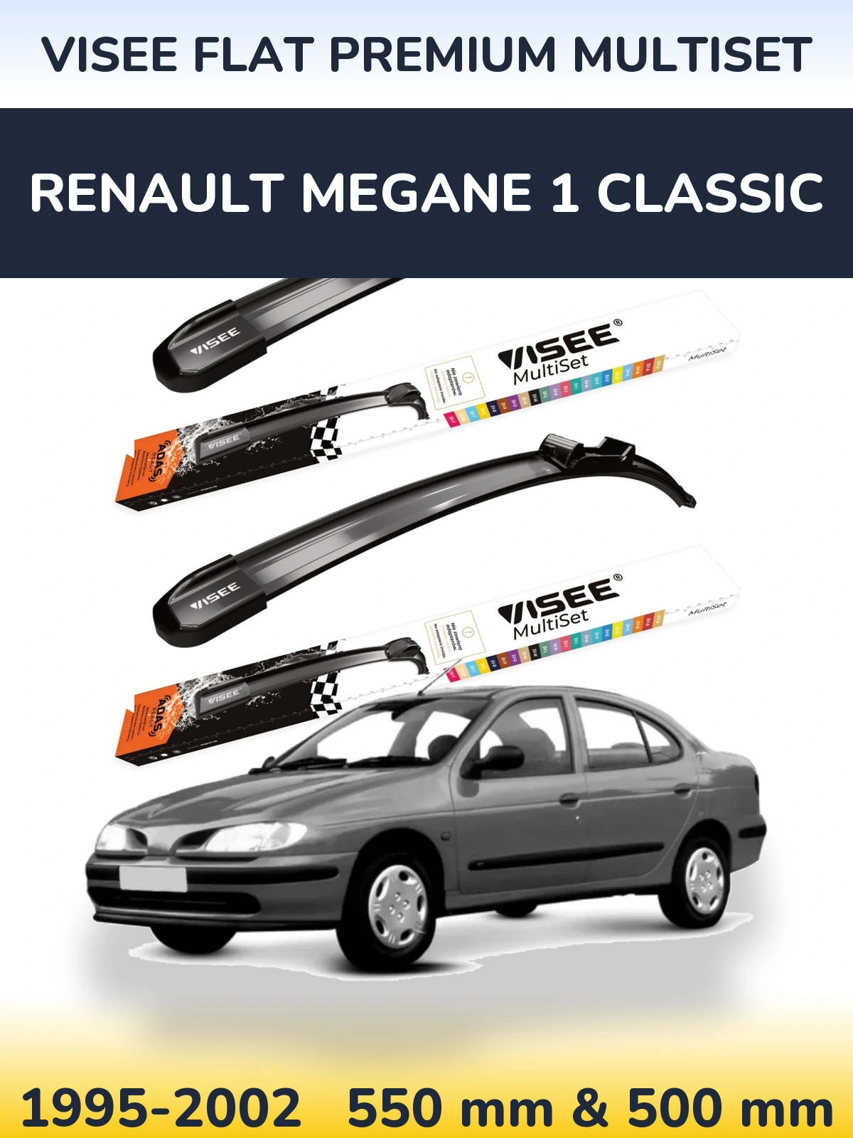 Front wiper blade set VISEE FLAT PREMIUM MultiSet 550 & 500 mm for Renault Megane 1 Classic 1995-2002