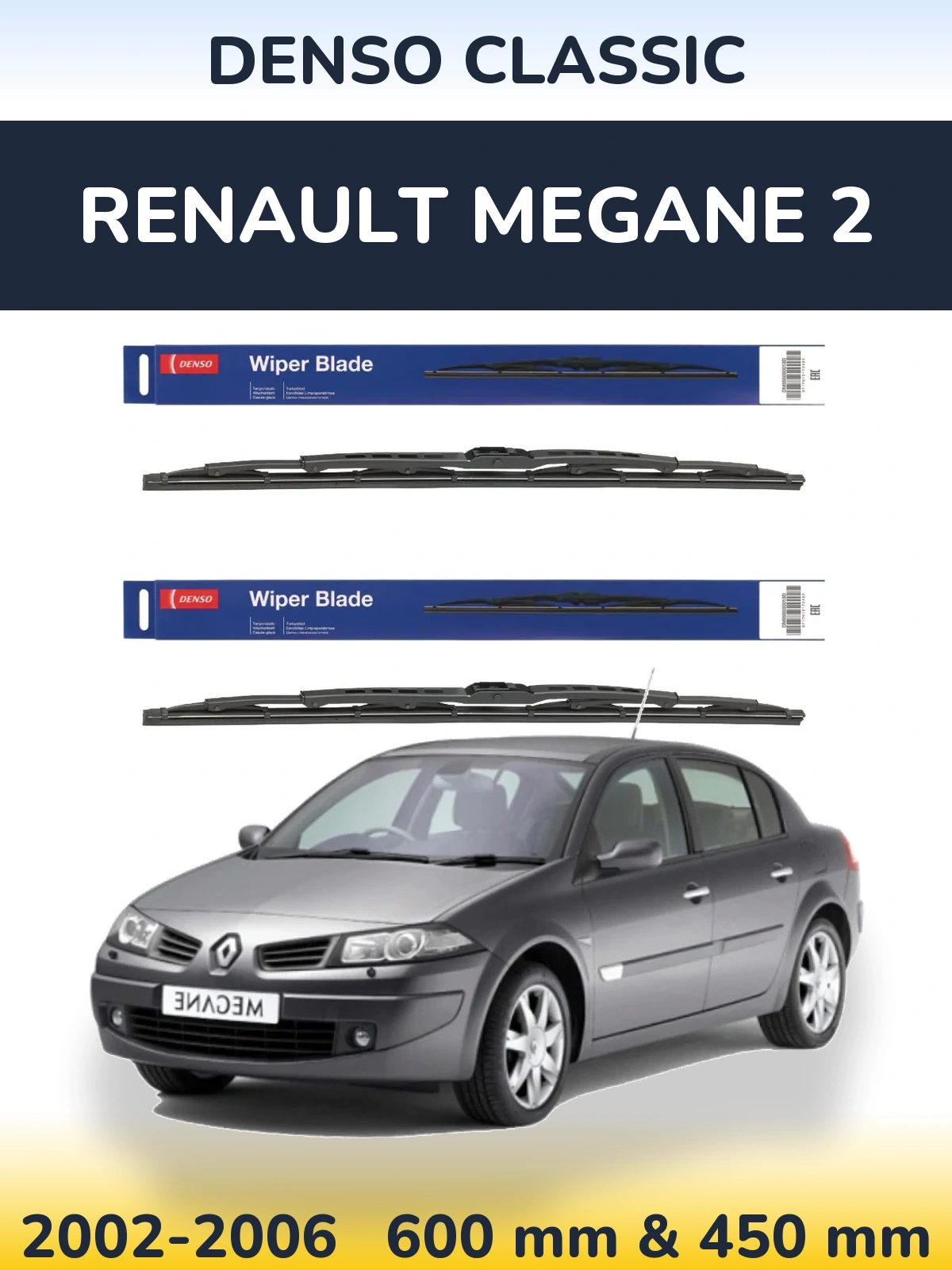 Front wiper blade set Denso Classic 600 & 450 mm for Renault Megane 2 2002-2006