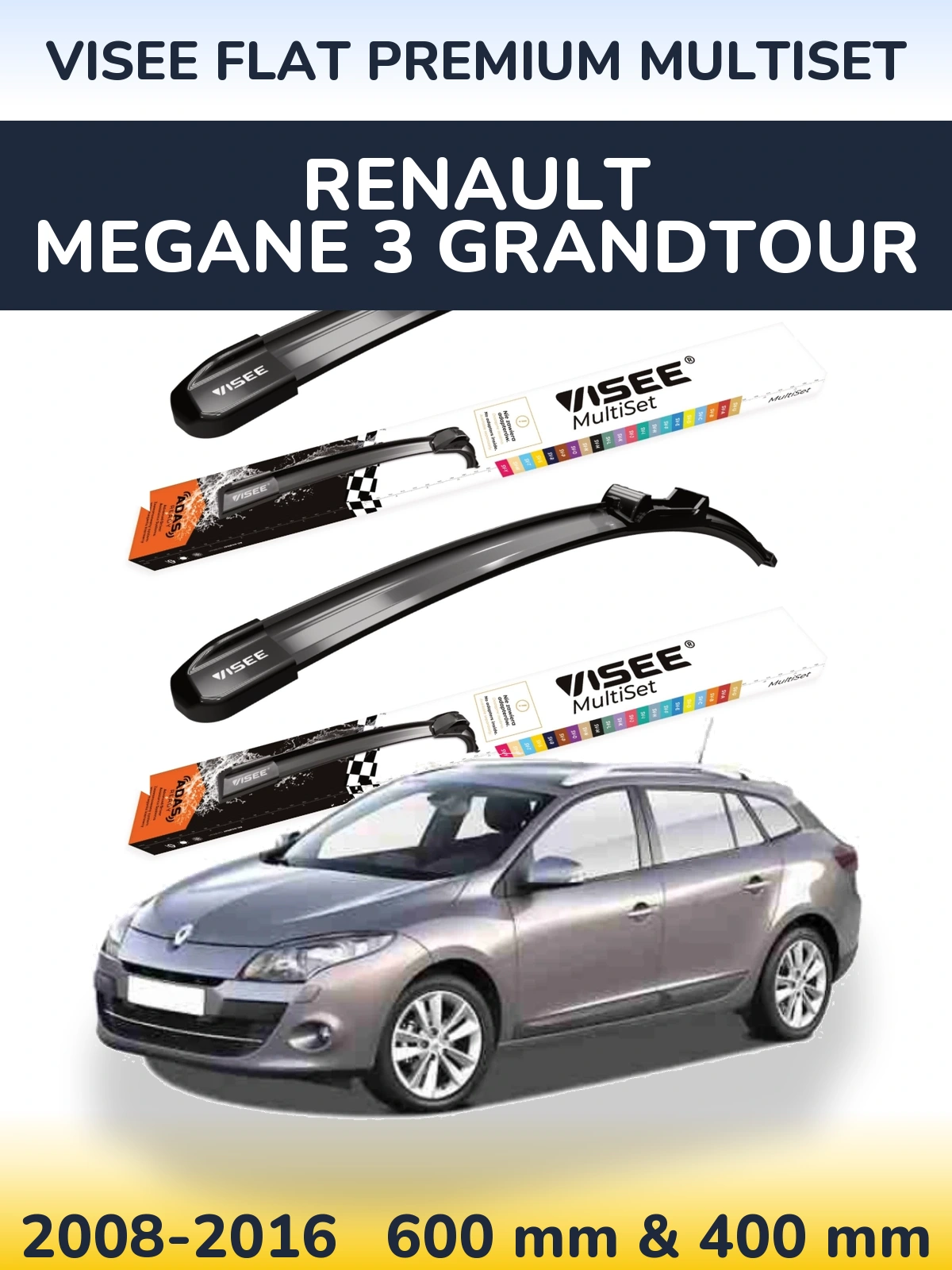 Комплект передніх щіток VISEE FLAT PREMIUM MultiSet 600 & 400 мм для Renault Megane 3 Grandtour 2008-2016