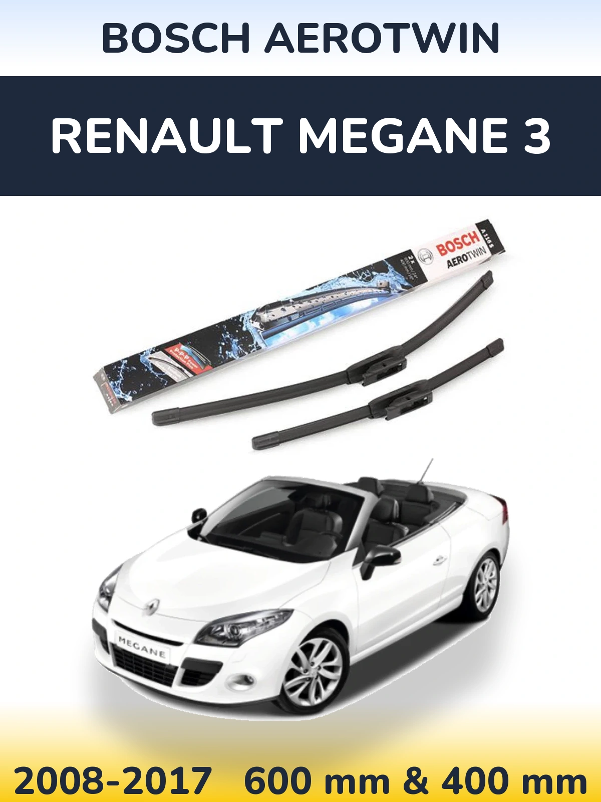 Front wiper blade set BOSCH AeroTwin 600 & 400 mm for Renault Megane 3 2008-2017