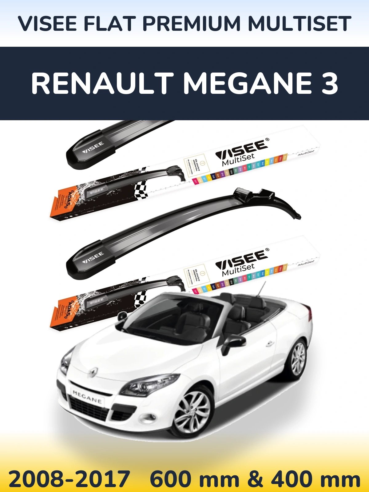 Комплект передних дворников VISEE FLAT PREMIUM MultiSet 600 & 400 мм для Renault Megane 3 2008-2017