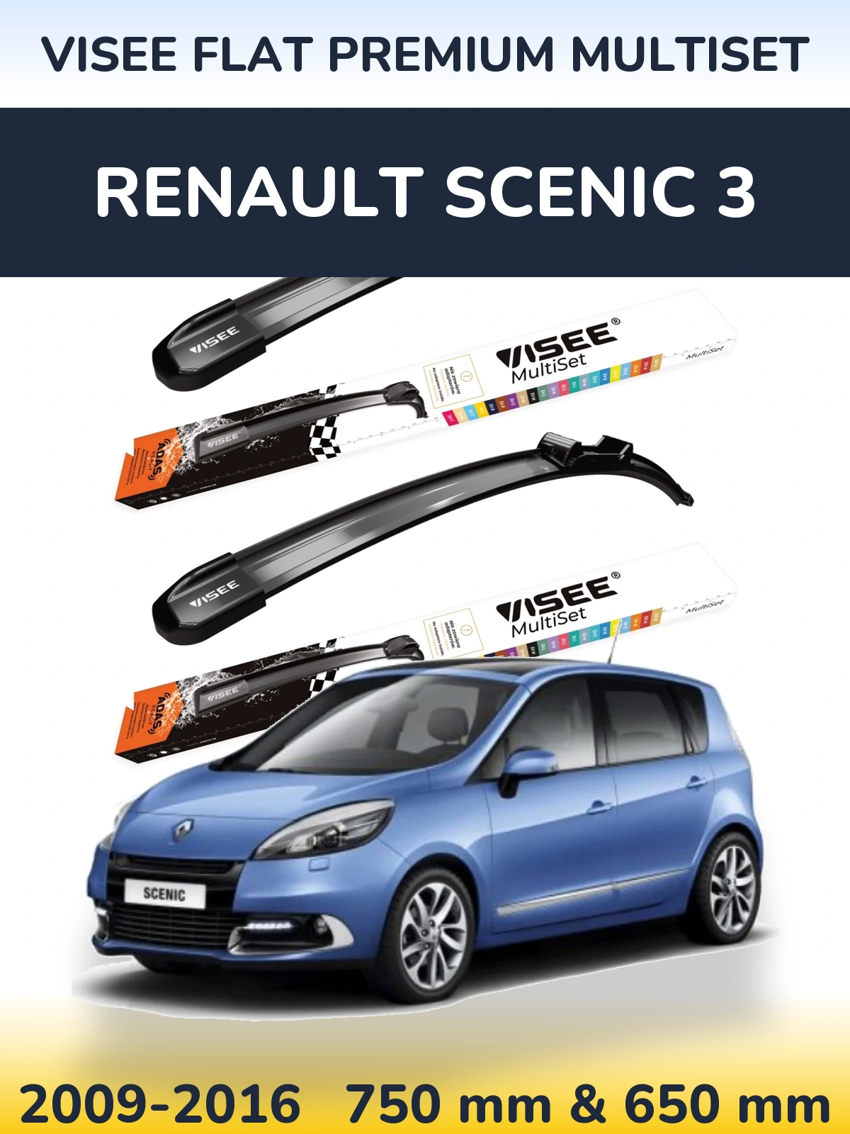 Komplet przednich wycieraczek VISEE FLAT PREMIUM MultiSet 750 & 650 mm do Renault Scenic 3 2009-2016