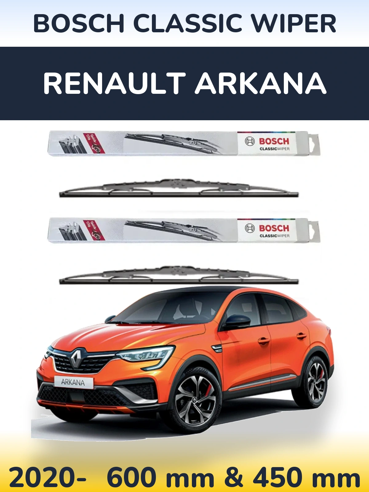 Front wiper blade set BOSCH Classic Wiper 600 & 450 mm for Renault Arkana 2020-2026