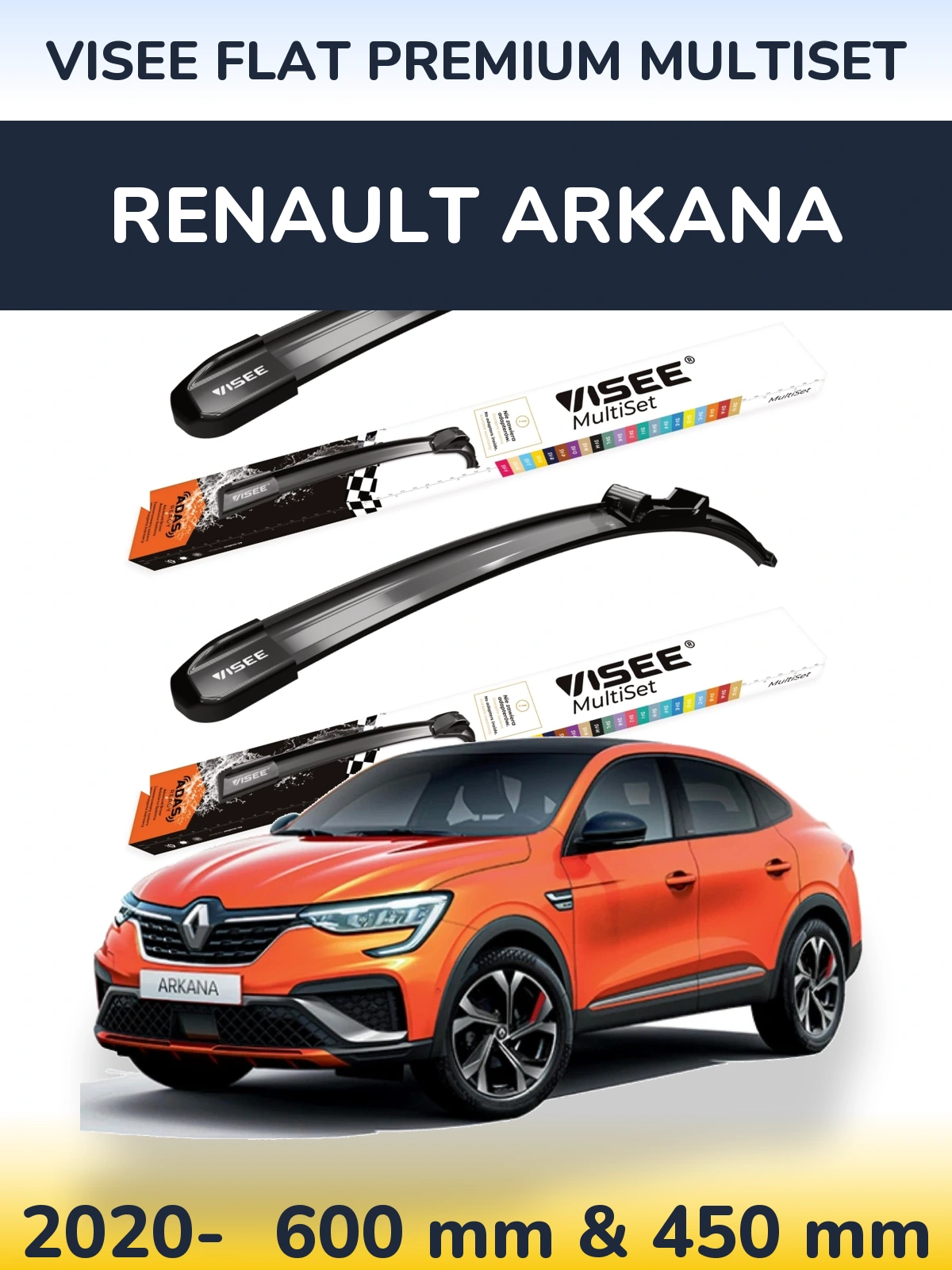 Комплект передніх щіток VISEE FLAT PREMIUM MultiSet 600 & 450 мм для Renault Arkana 2020-2026