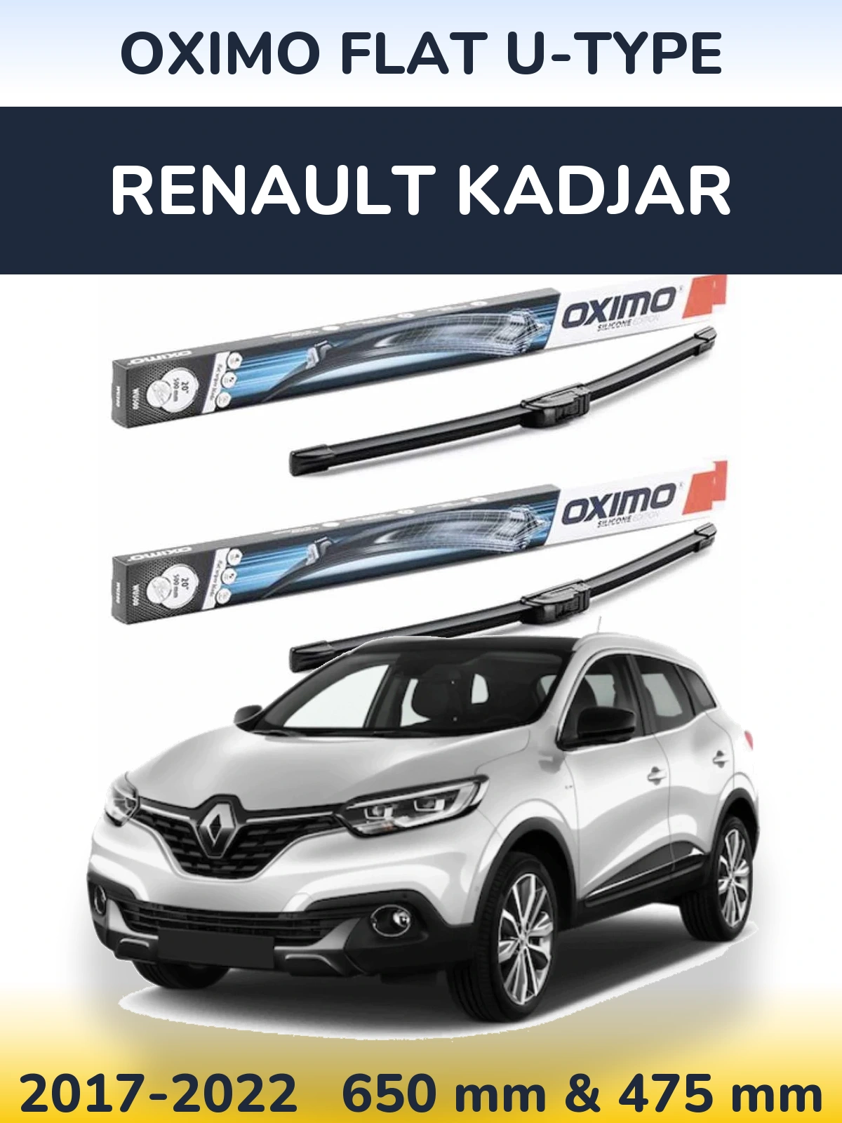 Front wiper blade set Oximo Flat U-type 650 & 475 mm for Renault Kadjar 2017-2022