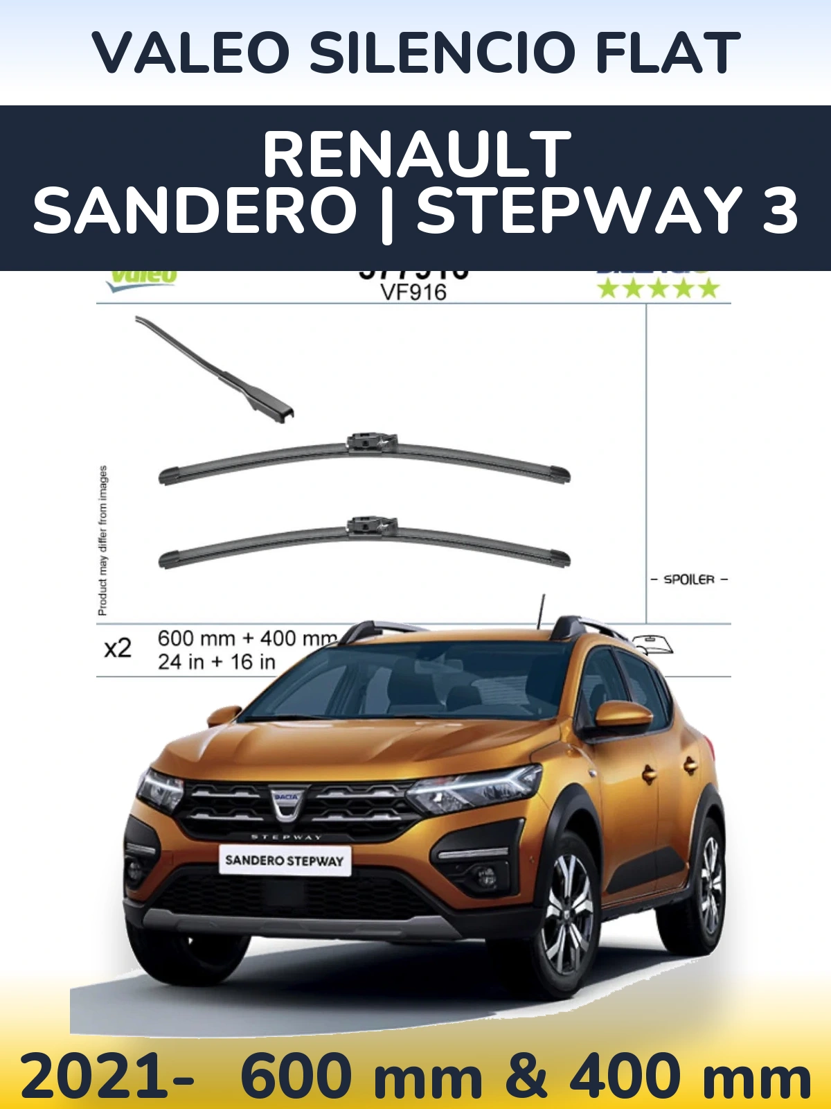 Front wiper blade set Valeo Silencio Flat 600 & 400 mm for Renault Sandero | Stepway 3 2021-2026