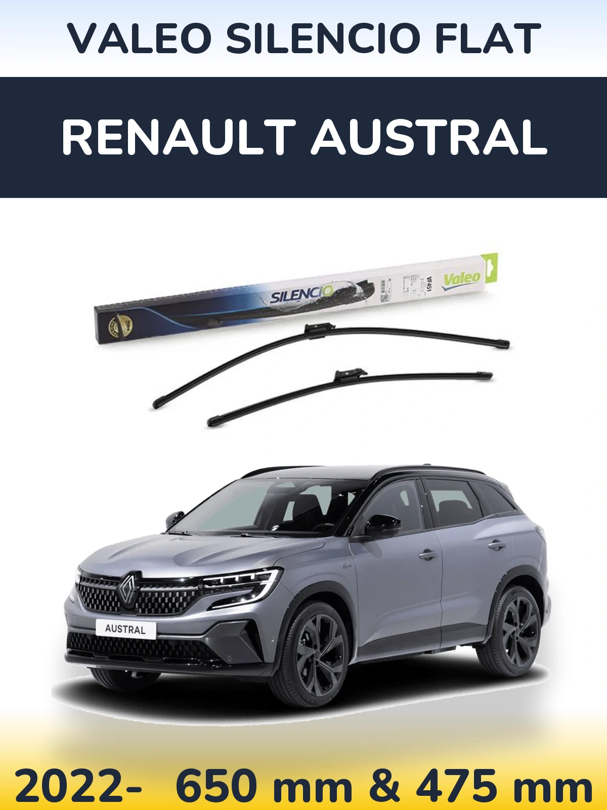 Front wiper blade set Valeo Silencio Flat 650 & 475 mm for Renault Austral 2022-2026