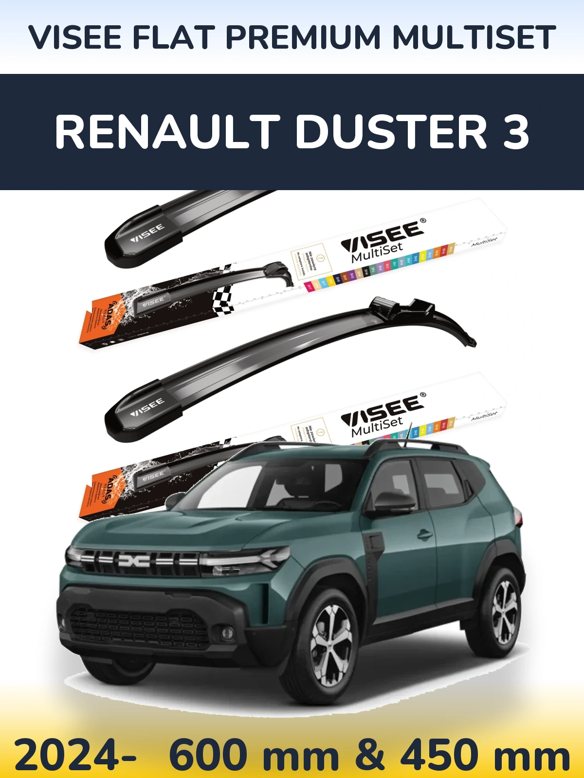 Komplet przednich wycieraczek VISEE FLAT PREMIUM MultiSet 600 & 450 mm do Renault Duster 3 2024-2026