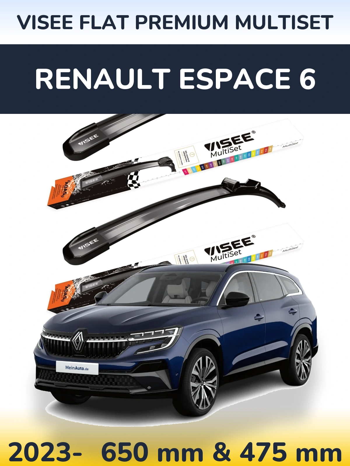 Front wiper blade set VISEE FLAT PREMIUM MultiSet 650 & 475 mm for Renault Espace 6 2023-2026