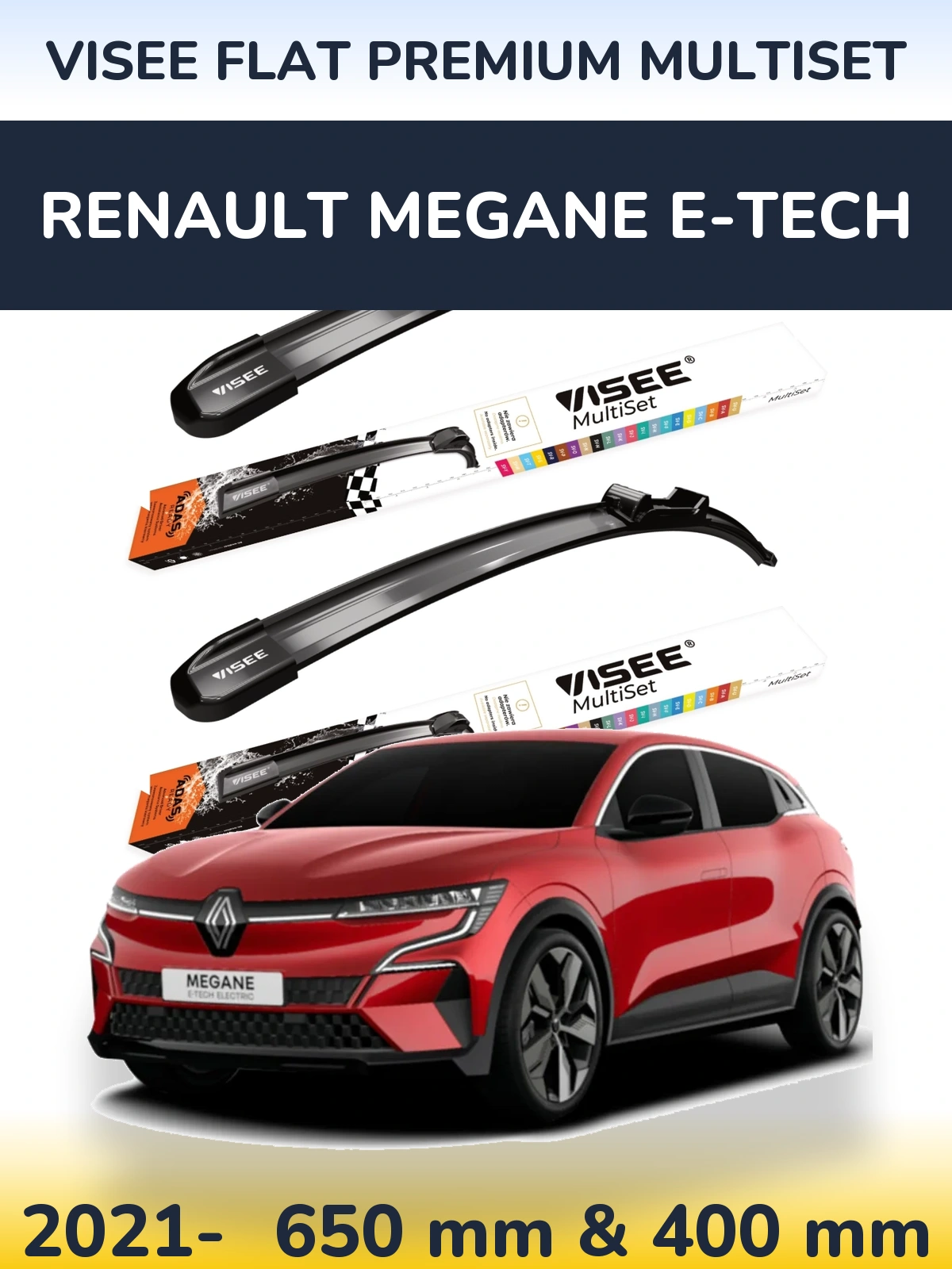 Комплект передних дворников VISEE FLAT PREMIUM MultiSet 650 & 400 мм для Renault Megane E-Tech 2021-2026